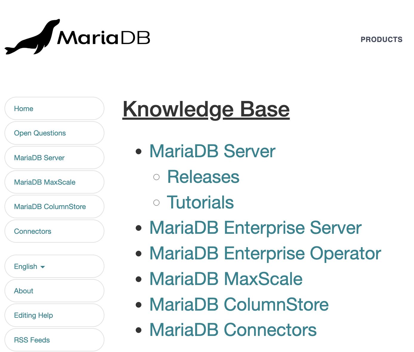 Screenshot of the MariaDB documentation start page, listing the categories like MariaDB Server, Enterprise Operator, MaxScale, ColumnStore, and Connectors.