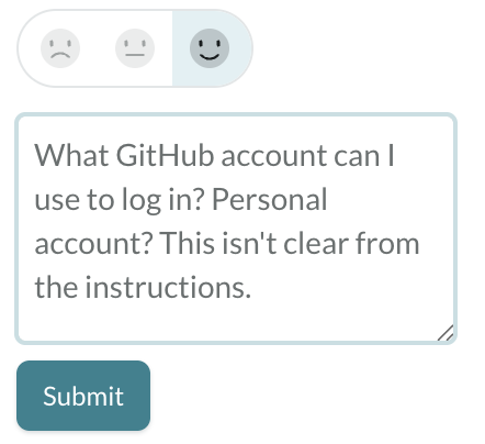 Screenshot of the GitBook rating system, with sample text in the text field, and a Submit button.